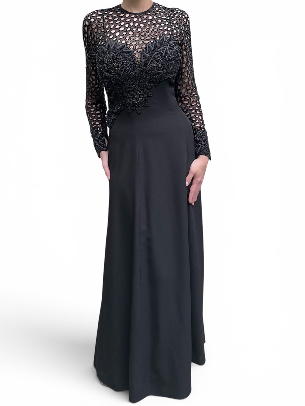 Vintage Naeem Khan Beaded Silk Dress | Illusion Bodice Black Evening Gown SZ 4